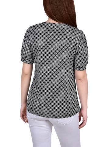 Petite Short Puff Sleeve Mesh Inset Top