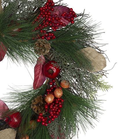 24" Autumn Harvest Pine  Berry and Pomegranate Wreath - Unlit