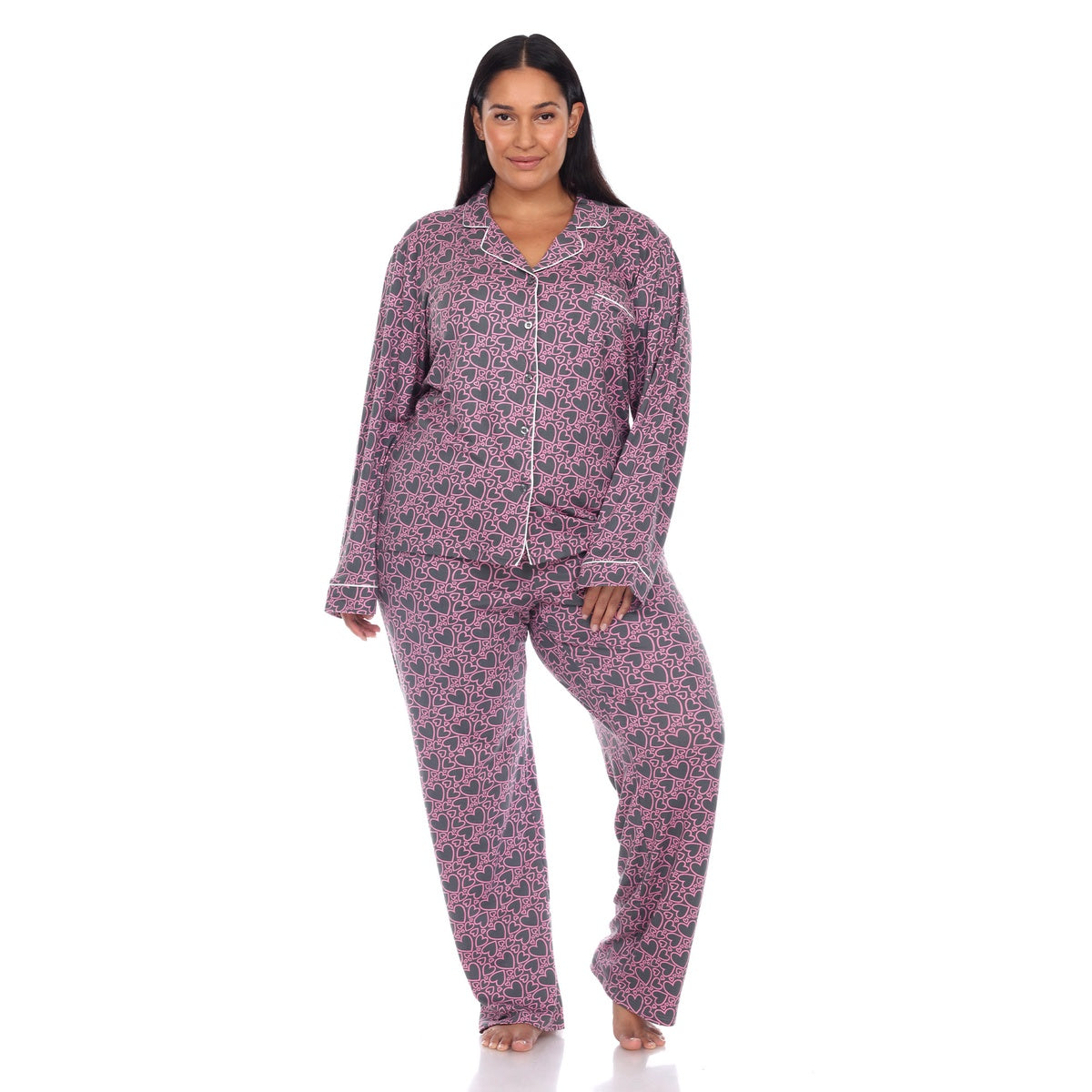  White Mark Plus Size Long Sleeve Heart Print Pajama Set - 1X - Bonton