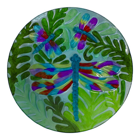 18" Colorful Dragonfly With Green Leaves Hand Painted Glass Outdoor Patio Birdbath
