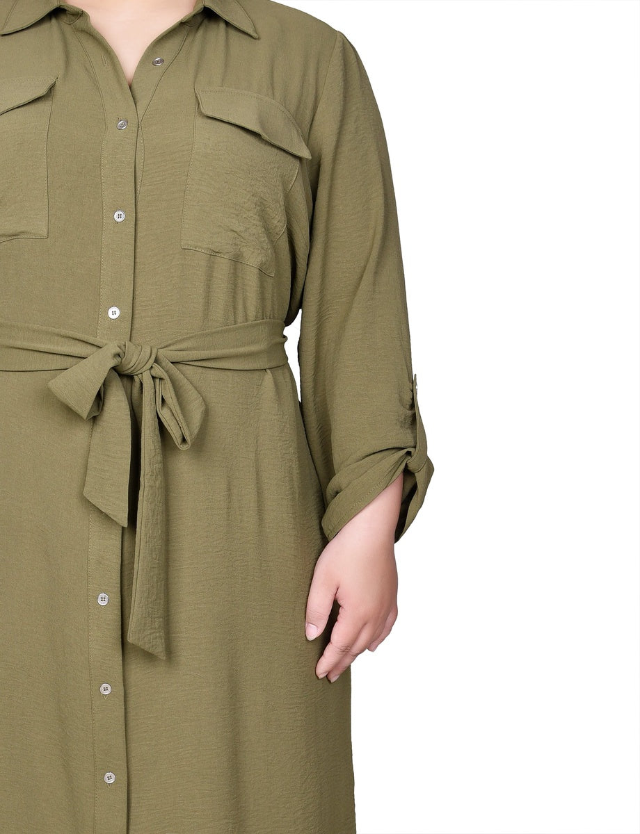  NY Collection Plus Size Long Roll Tab Sleeve Shirtdress - Burnt Olive - Bonton