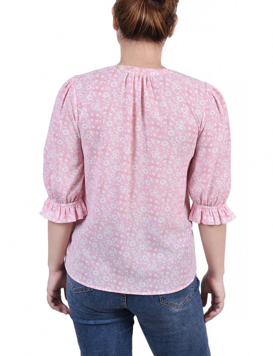  NY Collection Petite Elbow Sleeve Y Neck Blouse - Ivory Brushed - Bonton
