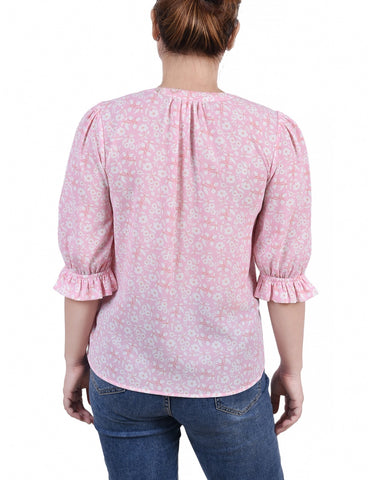 Petite Elbow Sleeve Y Neck Blouse