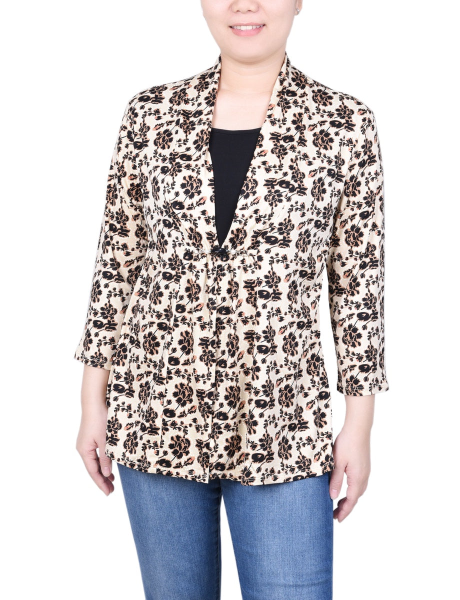  NY Collection Petite Puff Print 3/4 Sleeve Two-Fer Top - Jester Red Ivory Geo - Bonton