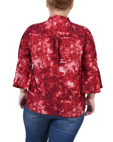 Plus Size 3/4 Sleeve Overlapped Bell Sleeve Y Neck Top