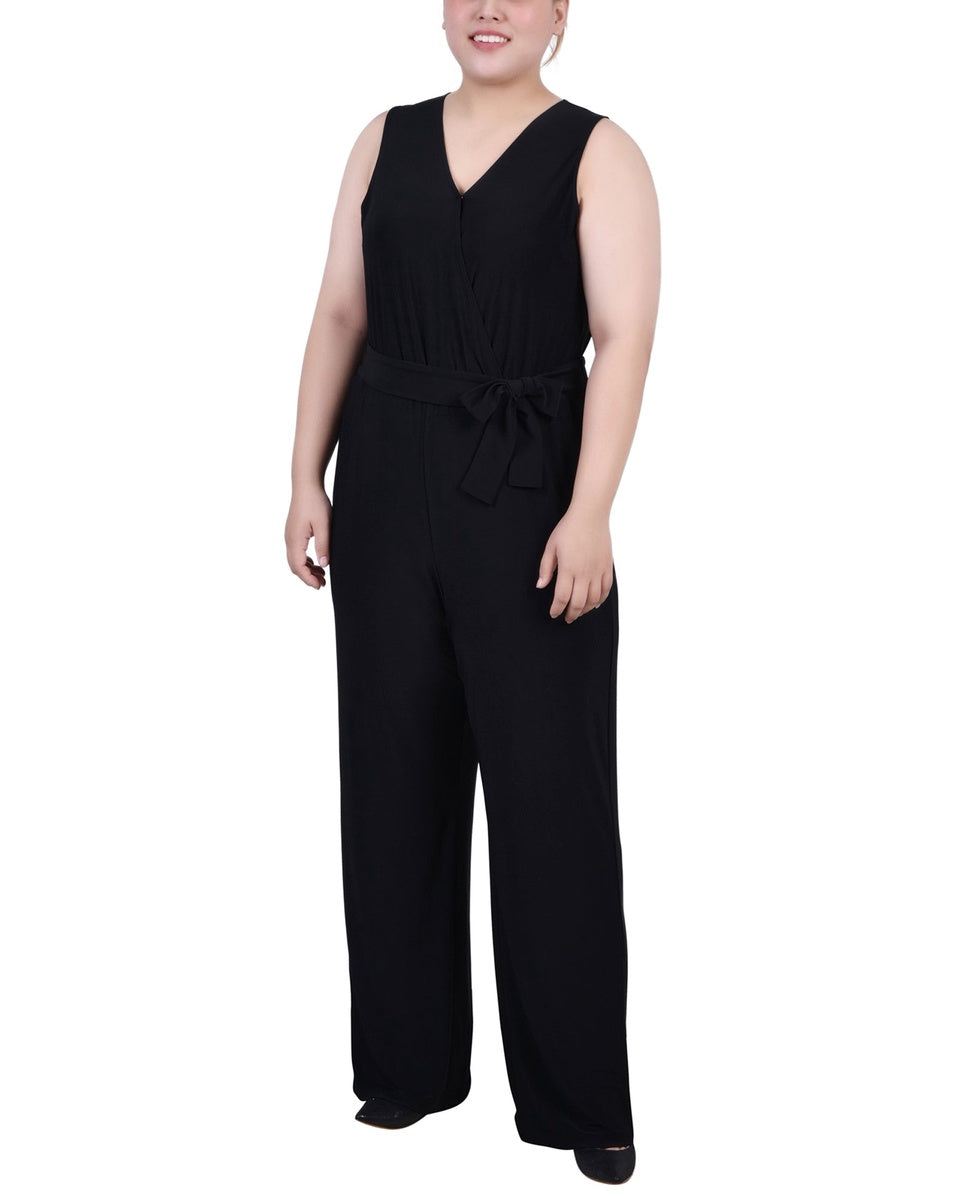  NY Collection Plus Size Sleeveless Belted Jumpsuit - Beet Red - Bonton