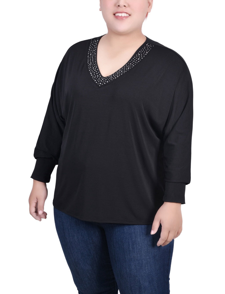  NY Collection Plus Size Long Sleeve Studded Top - Black - Bonton