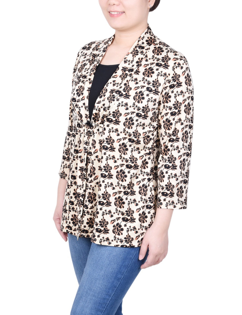  NY Collection Petite Puff Print 3/4 Sleeve Two-Fer Top - Jester Red Ivory Geo - Bonton