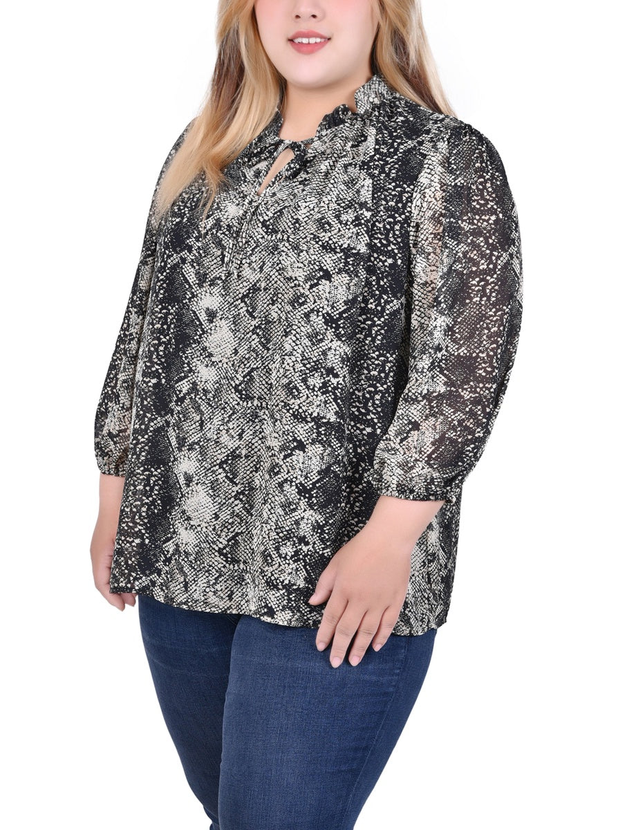  NY Collection Plus Size 3/4 Sleeve Chiffon Blouse - Black Lace Floral - Bonton