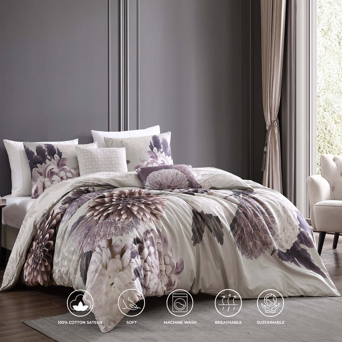  Bebejan Bebejan Dahlia Purple 5 Piece Reversible Comforter Set - QUEEN - Bonton