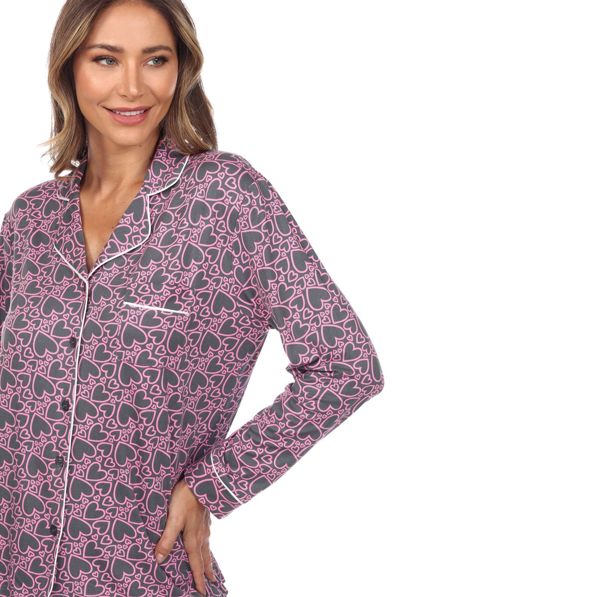  White Mark Women's Long Sleeve Heart Print Pajama Set - M - Bonton