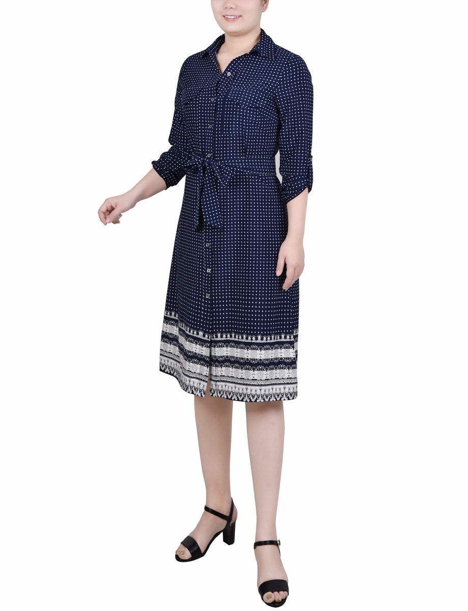  NY Collection 3/4 Roll Tab Sleeve Belted Shirtdress - Black Border - Bonton