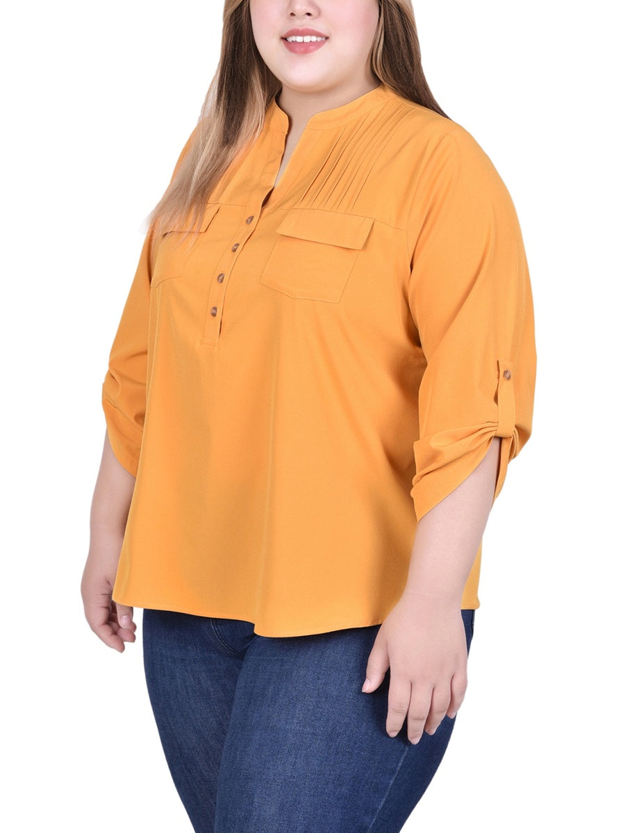  NY Collection Long Tab-Sleeve Blouse With Pockets - Golden Glow - Bonton