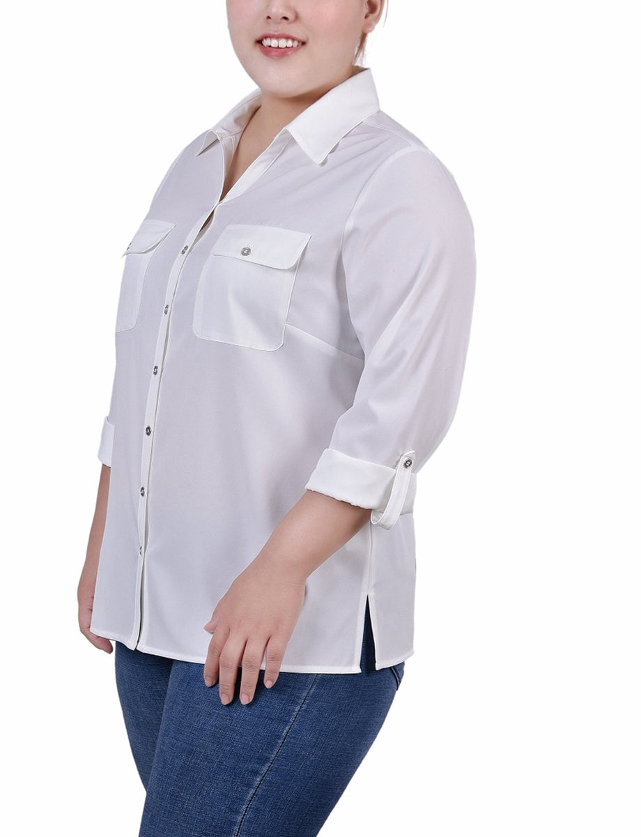  NY Collection 3/4 Roll Tab Blouse With Pockets - Ivory - Bonton