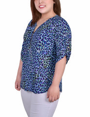 Plus Size 3/4 Roll Tab Zip Front Jacquard Knit Top