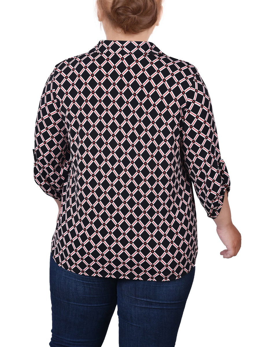  NY Collection Plus Size 3/4 Roll Tab Sleeve Studded Y Neck Top - Royal Abstract - Bonton