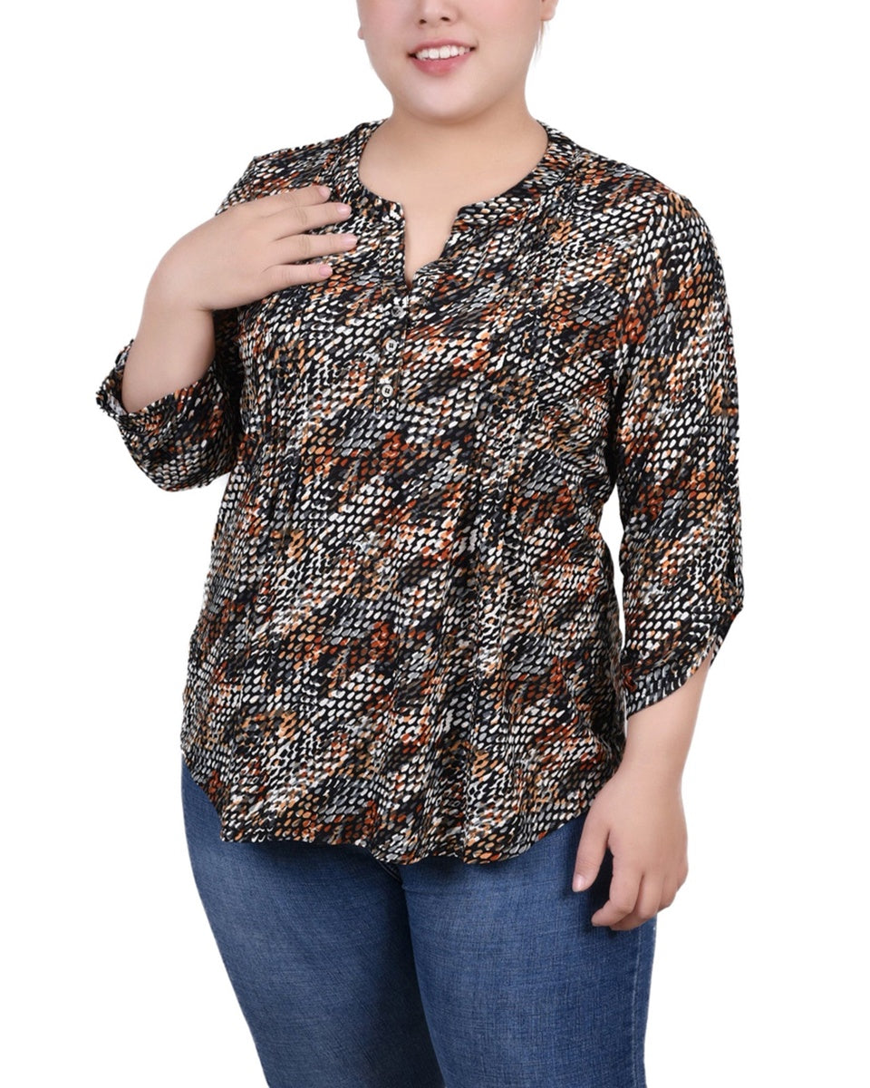  NY Collection Plus Size 3/4 Roll Tab Sleeve Y Neck Top - Grey Floral - Bonton