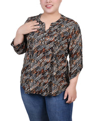 Plus Size 3/4 Roll Tab Sleeve Y Neck Top