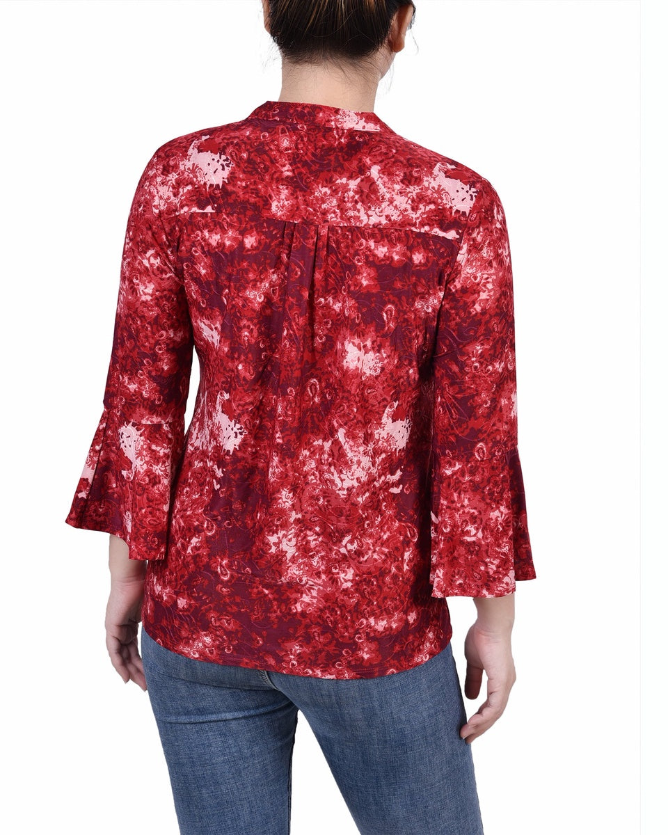  NY Collection Petite 3/4 Bell Sleeve Pleat Front Y Neck Top - Berry Plaid - Bonton