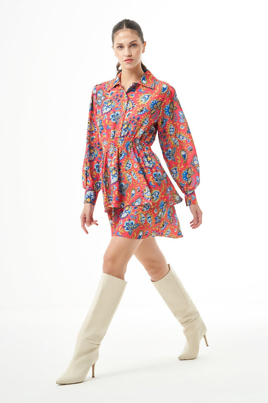 Long Sleve Flowy Mini Dress - Dress