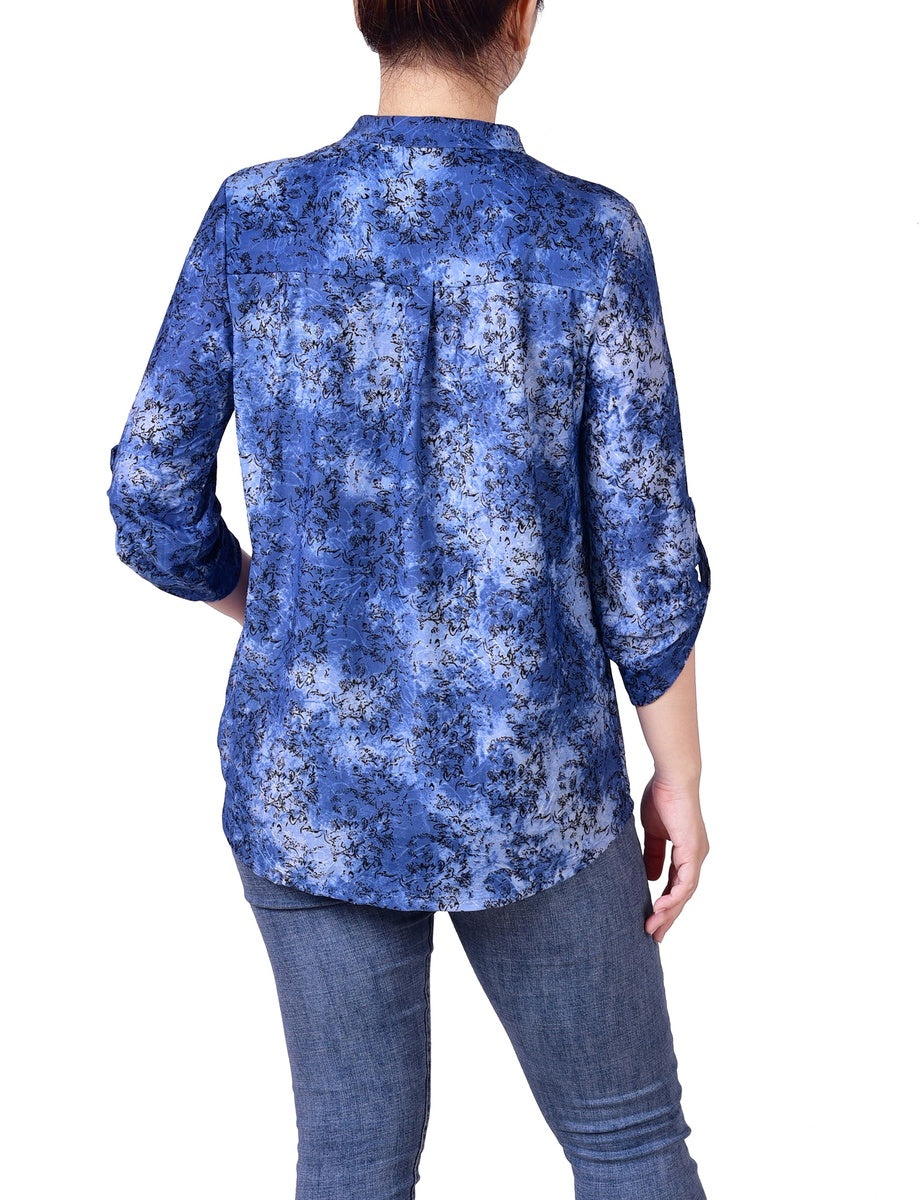  NY Collection Petite 3/4 Roll Tab Sleeve Smocked-Yoke Top - Etch Dark Blue - Bonton