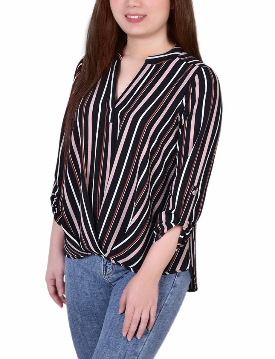  NY Collection Petite 3/4 Sleeve Mandarin Collar Blouse With Front Pleats - Black Mauve Stripe - Bonton