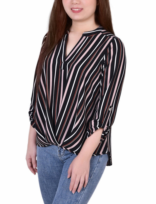 Petite 3/4 Sleeve Mandarin Collar Blouse With Front Pleats