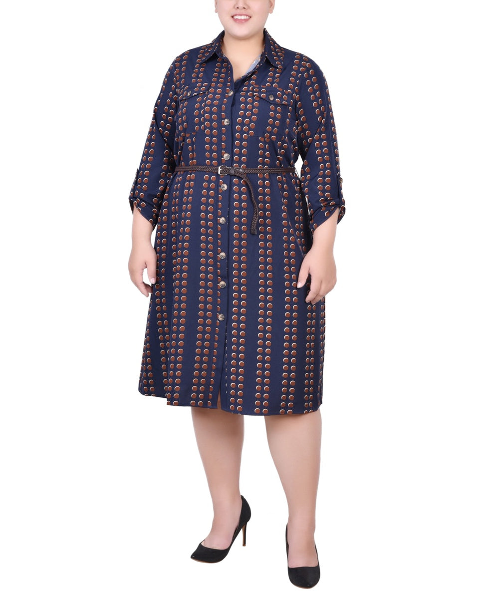  NY Collection Plus Size 3/4 Roll Tab Sleeve Shirtdress - Doeskin Black Allie - Bonton