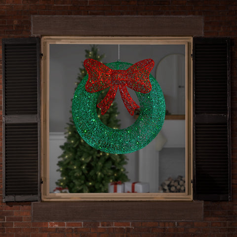 24" LED Lighted Green Glitter Wreath With Red Bow Outdoor Christmas Decoration