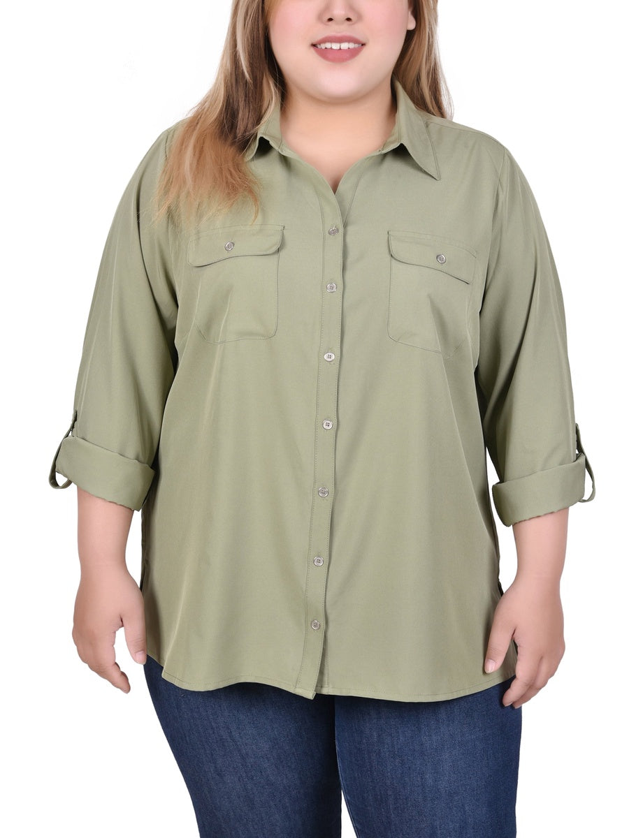  NY Collection 3/4 Roll Tab Blouse With Pockets - Ivory - Bonton