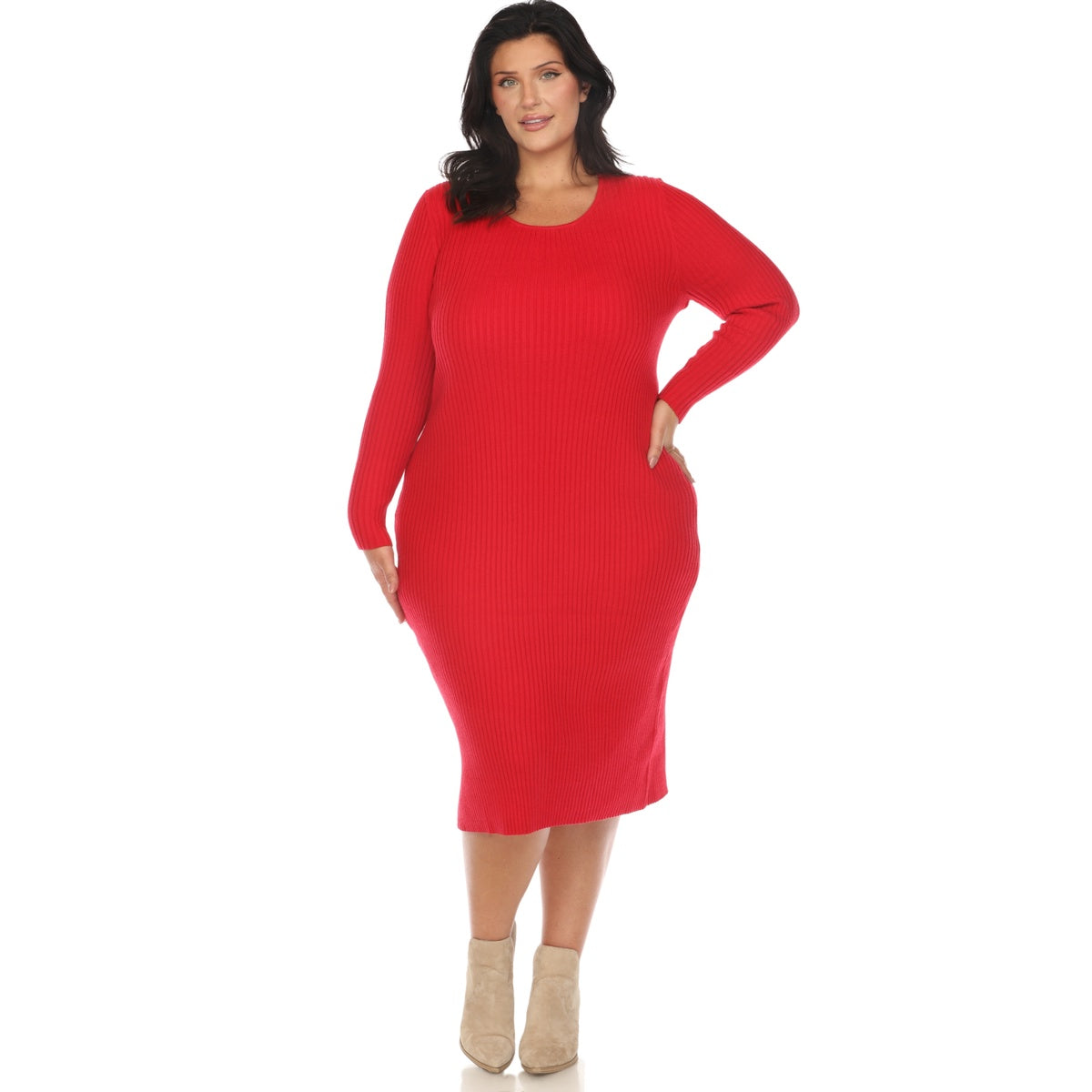  White Mark Plus Size Long Sleeve Rib Midi Sweater Dress - 1X - Bonton