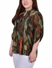 Plus Size 3/4 Roll Tab Sleeve Y Neck Top