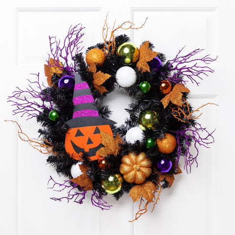Jack-O-Lantern in Witches Hat Halloween Pine Wreath  24-Inch  Unlit