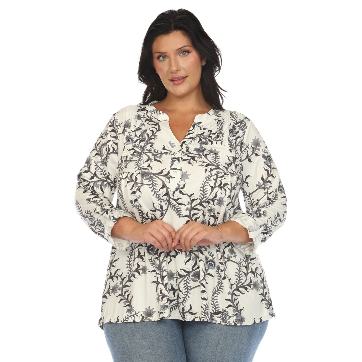  White Mark Plus Size Paisley Button Front Tunic Top - 1X - Bonton