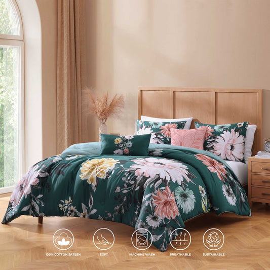 Wild Flowers on Teal  5 Piece Reversible Comforter Set