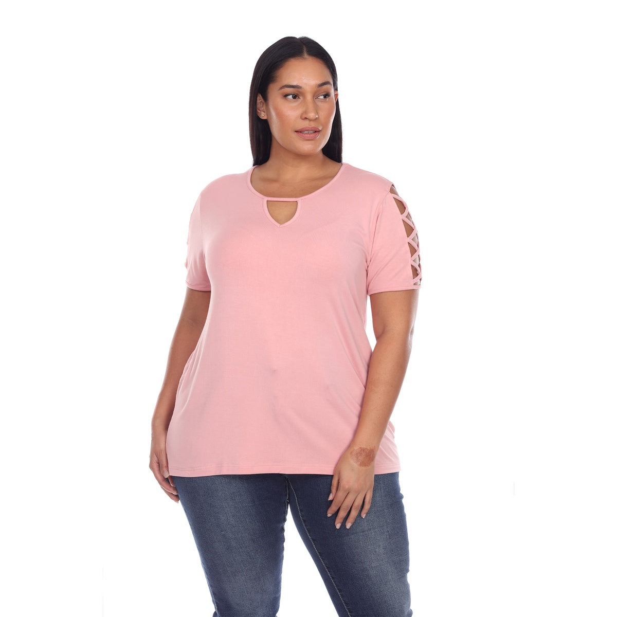  White Mark Plus Size Keyhole Neck Cutout Short Sleeve Top - 1X - Bonton