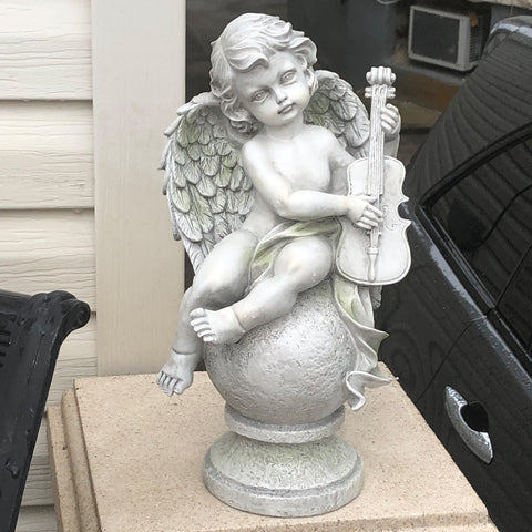 Set of 2 Cherub Angels With Violin and Harp on Finials Outdoor Garden Statues 15.25"