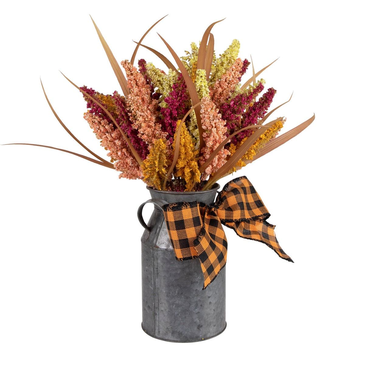  Northlight Autumn Harvest Foliage in Canister Floral Decoration With Checkered Bow - 18