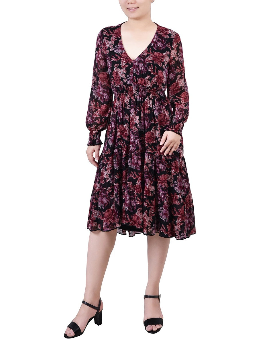  NY Collection Long Sleeve Clip Dot Chiffon Dress With Smocked Waist and Cuffs - Aqua Stembloom - Bonton