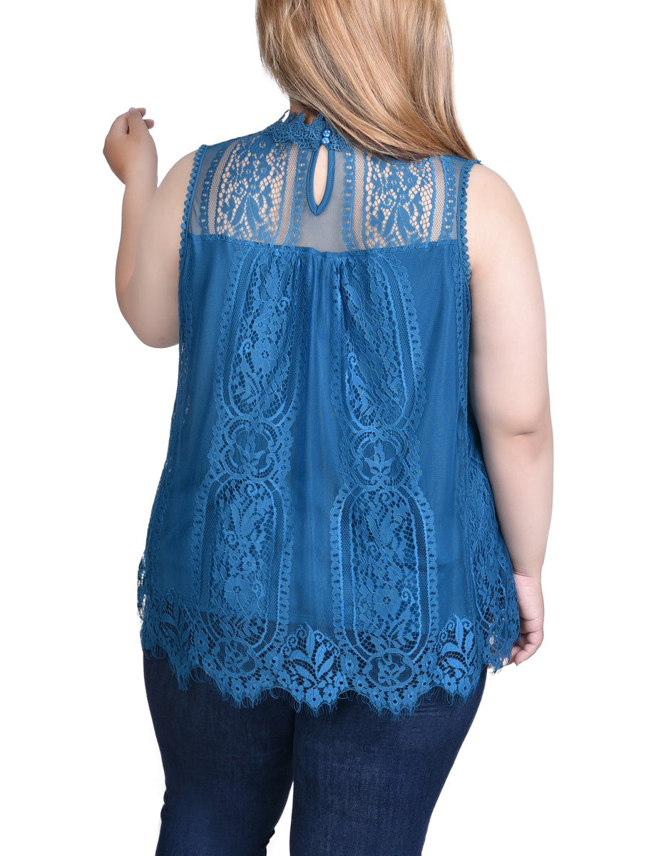  NY Collection Plus Size Sleeveless Mock Neck Lace Top - Black Nude - Bonton