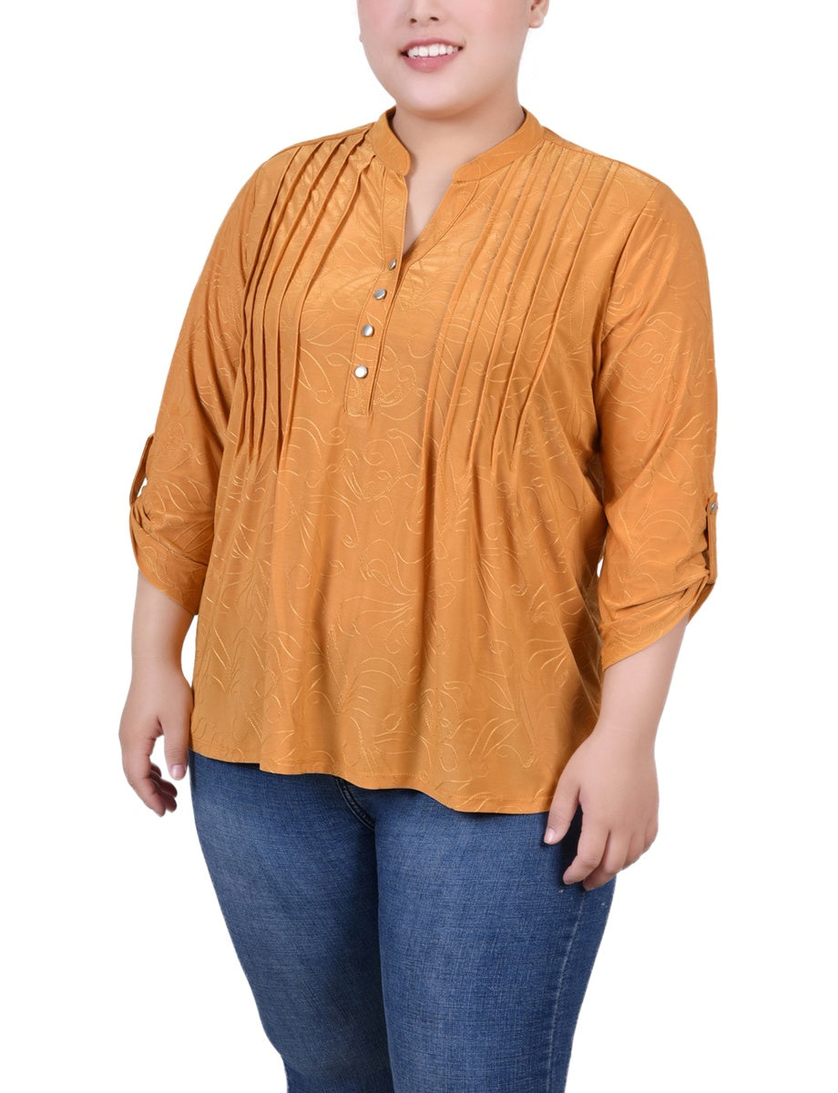  NY Collection Plus Size 3/4 Roll Tab Pullover Top - Inca Gold - Bonton