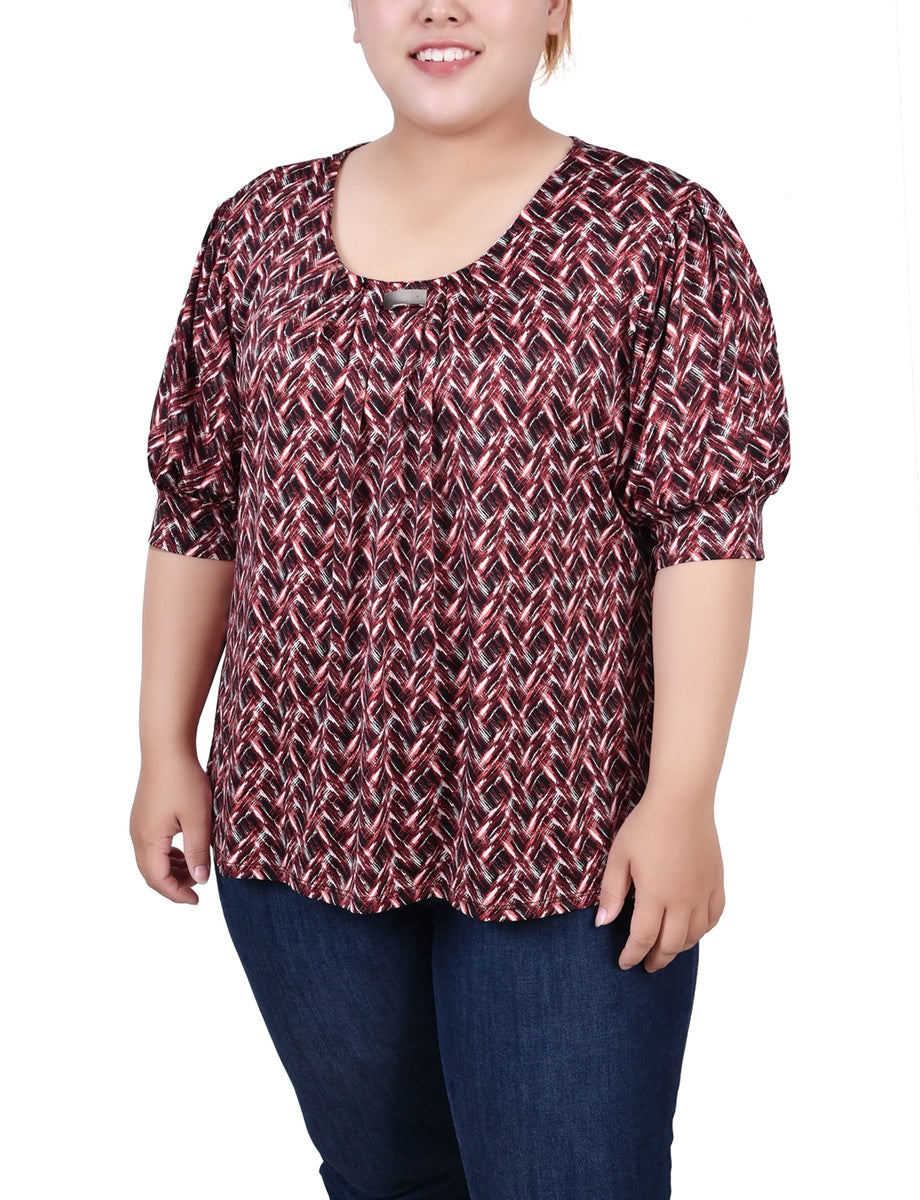  NY Collection Plus Size Short Sleeve Balloon Sleeve Top With Hardware - Black Taupe Zebra - Bonton