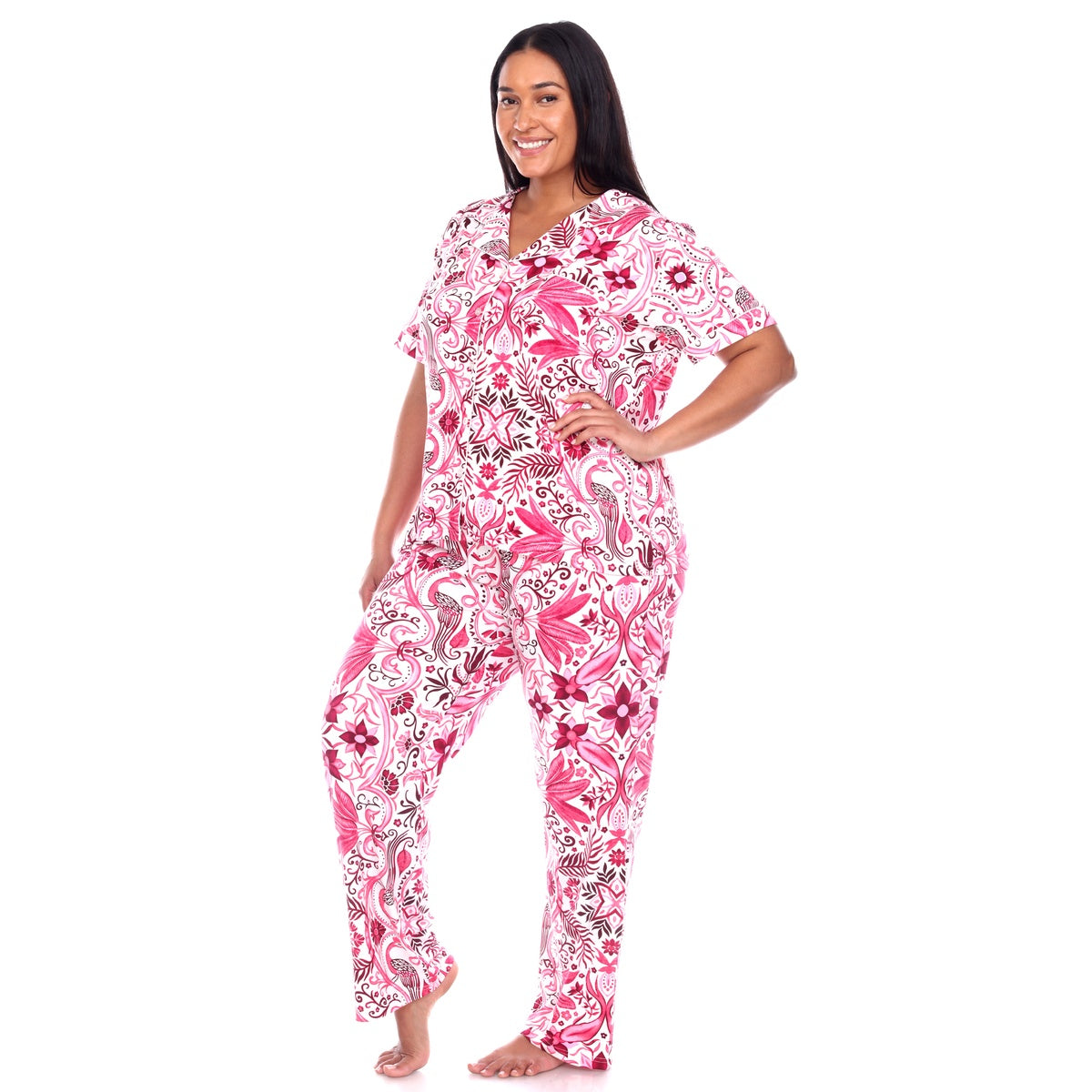  White Mark Plus Size Short Sleeve & Pants Tropical Pajama Set - 1X - Bonton