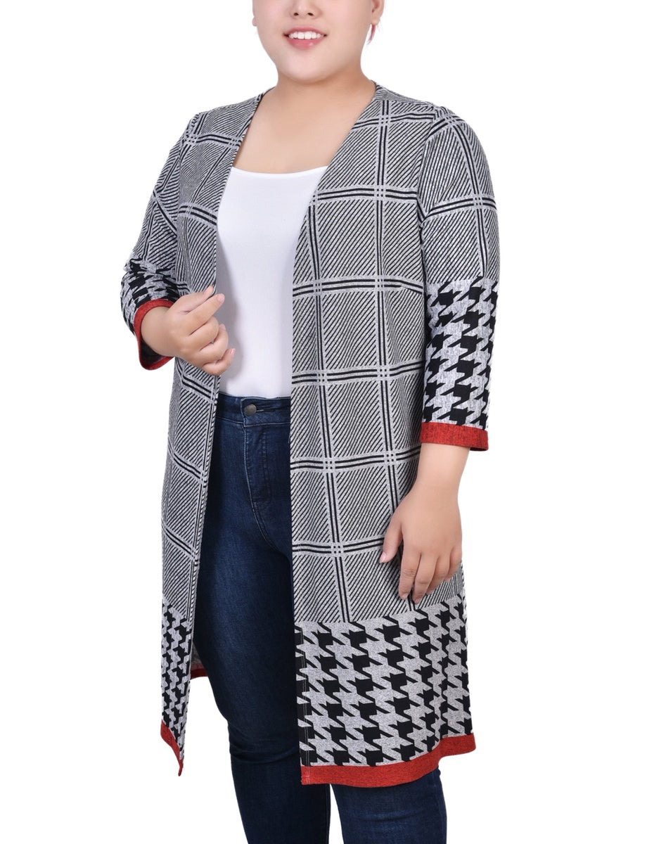  NY Collection Plus Size 3/4 Sleeve Knit Cardigan - Black White Plaid - Bonton