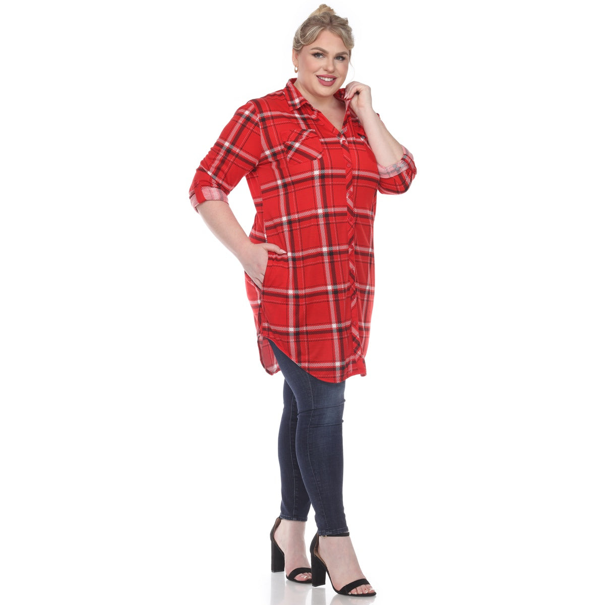  White Mark Plus Size Plaid Tunic Top - 1X - Bonton