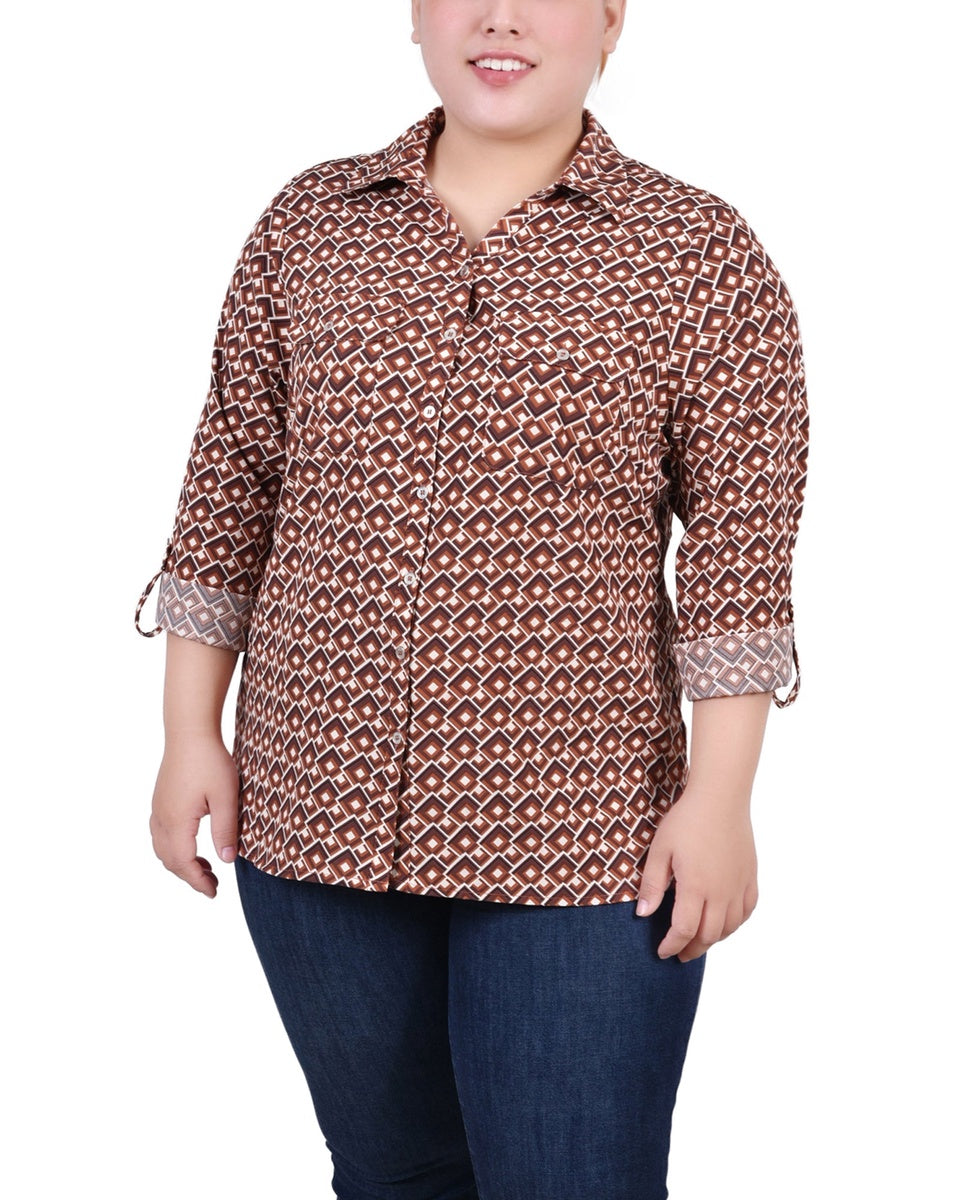  NY Collection Plus Size 3/4 Sleeve Roll Tab Notch Collar Blouse - Black And Doeskin Floral Iconi - Bonton