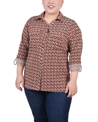 Plus Size 3/4 Sleeve Roll Tab Notch Collar Blouse