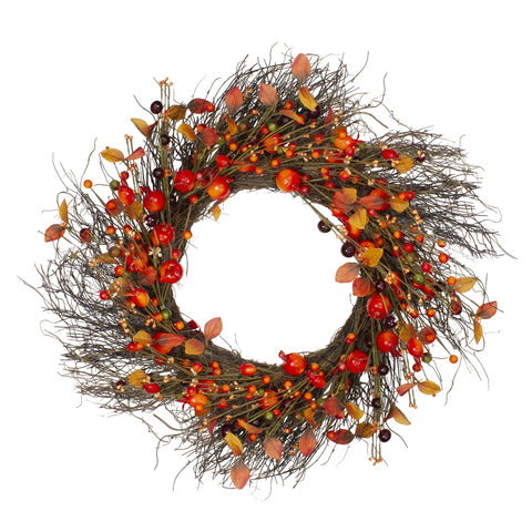 Leaves and Berries Artificial Fall Harvest Twig Wreath - 24 Inch  Unlit