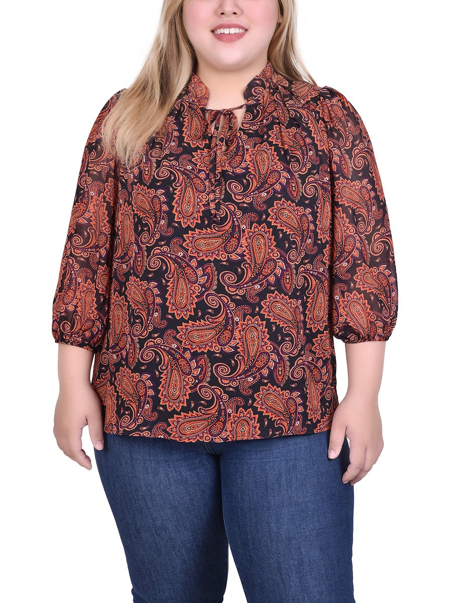  NY Collection Plus Size 3/4 Sleeve Chiffon Blouse - Black Lace Floral - Bonton