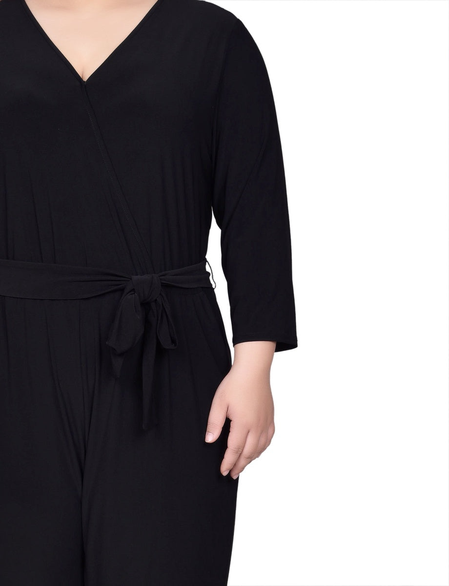  NY Collection Plus Size 3/4 Sleeve Belted Jumpsuit - Black Gold Chain Link - Bonton